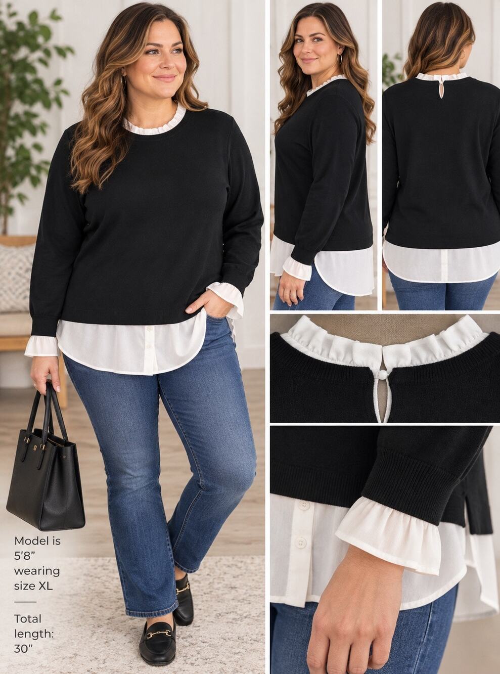 Adrianna Papell XL Black White Ruffle Twofer Sweater Layered Look Long Sleeve